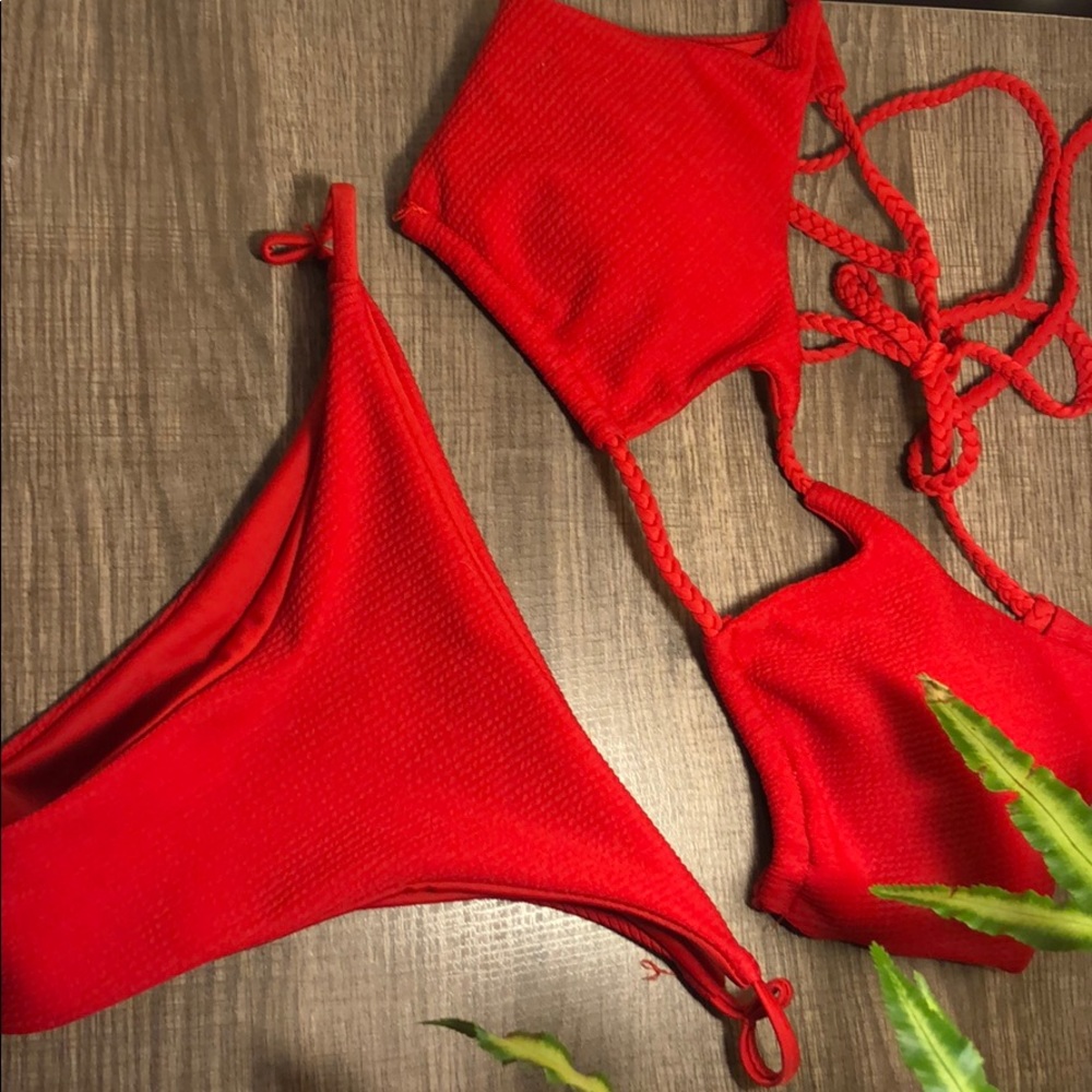 Red peekaboo bikini